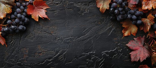 Wall Mural - Autumn backdrop Grape leaves on a damp black wooden surface Copyspace Top view