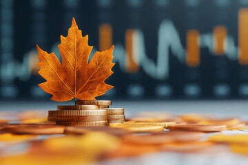 Autumn leaf on stacked coins with stock market chart background, symbolizing investment, finance, and seasonal trends in economy.