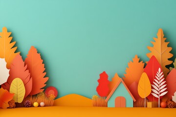 Colorful Autumn Paper Art with orange trees, house, and blue background. Vibrant fall-themed illustration perfect for seasonal designs.