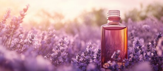 Poster - Lavender oil in a glass bottle set against a backdrop of fresh flowers Aromatherapy. with copy space image. Place for adding text or design