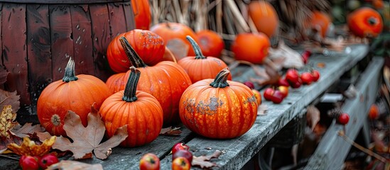 Fototapete - Autumn Pumpkin Thanksgiving Background featuring orange pumpkins apples and fallen leaves on a wooden table viewed up close. with copy space image. Place for adding text or design