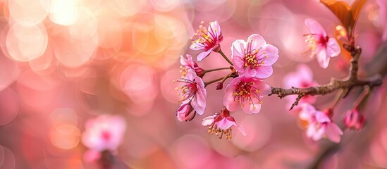 Poster - Background of blooming pink flowers A decorative flowering Japanese cherry branch in a spring garden macro image featuring copyspace and lovely bokeh