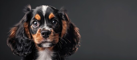 Portrait of an adorable puppy The dog s face set against a grey background Cavalier King Charles Spaniel Blenheim. with copy space image. Place for adding text or design