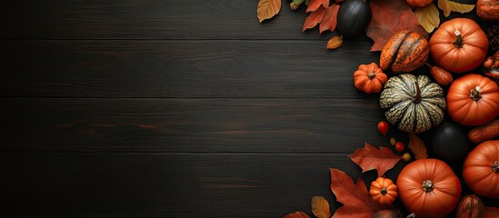 Fototapete - Thanksgiving and Halloween pumpkins leaves and acorn squash arranged on a dark wood table background captured from a top view. with copy space image. Place for adding text or design