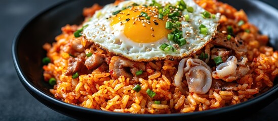 Poster - Tasty volcanic shaped fried rice with egg and spicy sauce featuring pork and squid a well known South Korean dish at a restaurant in Jeju Island close up. with copy space image