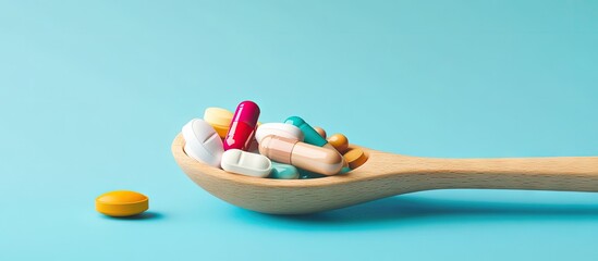 Aufkleber - Variety of pharmaceutical pills tablets and capsules on a wooden spoon with a blue backdrop. with copy space image. Place for adding text or design