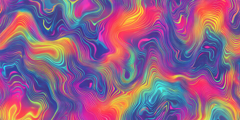 Wall Mural - Seamless psychedelic rainbow ridged topological map pattern background texture. Trippy hippy abstract wavy swirls dopamine dressing style fashion motif. Bright colorful neon retro wallpaper backdrop.