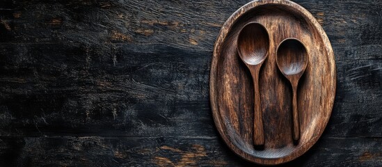 Fototapete - Vintage silverware Rustic vintage wooden spoon and fork set on a wooden platter against a black wooden background Empty dishes Top view Mock up. with copy space image. Place for adding text or design