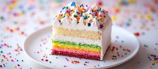 Poster - A blank cake with vibrant rainbow cream on a white background adorned with colorful sprinkles and drizzled with chocolate Simple minimalism. with copy space image. Place for adding text or design