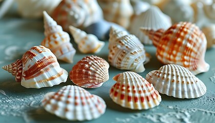 A set of lightweight shells display natural textures and colors, and soft light reflects the fresh ocean atmosphere, suitable for ocean-themed scenes.