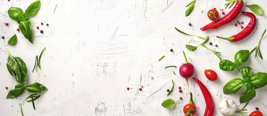 Poster - Farmers vegetables for cooking on a white wooden surface Vegetarian cuisine health or culinary theme Rural still life from a top view with available text space. with copy space image