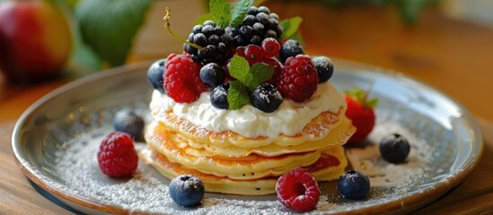 Poster - Cottage cheese pancakes with sour cream and berries on a yellow background Syrniki Russian cuisine Copy space