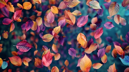 Poster - A colorful leafy scene with many leaves flying in the air