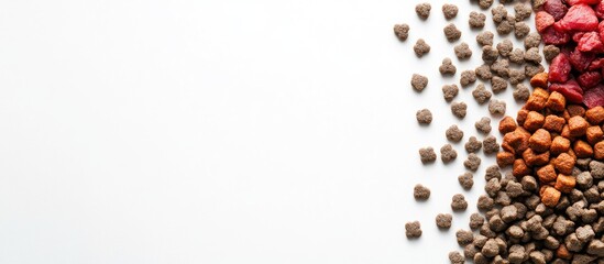 Poster - Dog food dry kibble and raw meat beside a toy and chewing bones on a white background top view copy space