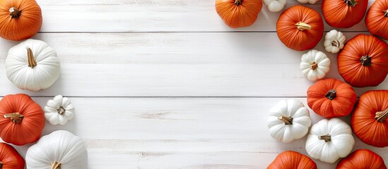 Poster - Autumn farmhouse pumpkin side border on a white wooden background Rustic orange and white cloth pumpkins Top view with copyspace