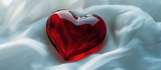 Poster - Red Box Jewelry heart positioned on white fabric. with copy space image. Place for adding text or design
