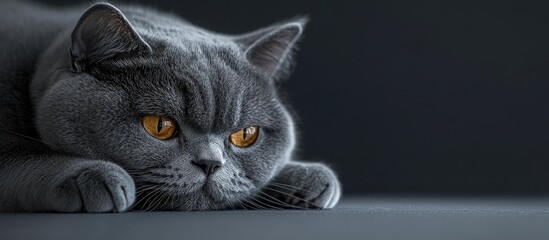 Poster - Close up portrait of a British Shorthair cat resting against a gray background. with copy space image. Place for adding text or design