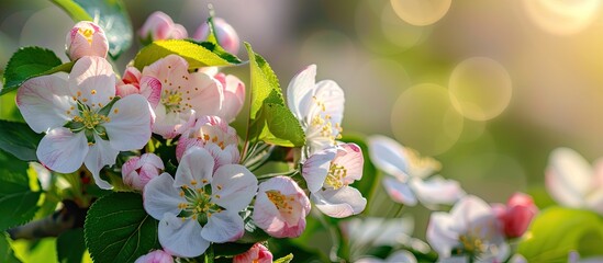 Poster - Beautiful flowering apple trees create a background filled with blooming flowers on a spring day Cherry blossoms bloom in spring accompanied by green leaves providing a natural floral seasonal backdr
