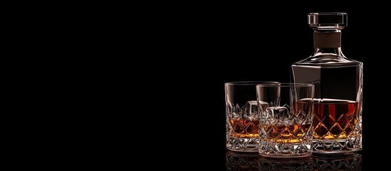 Aufkleber - American bourbon whiskey in glasses and a bottle black background with copyspace