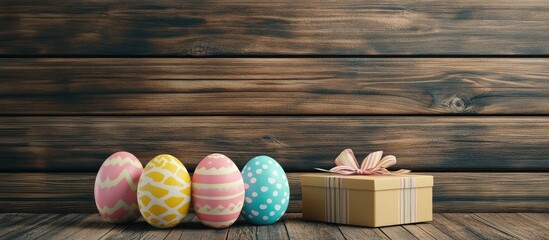 Poster - Easter greeting card featuring colorful Easter eggs and a gift box in front of a wooden wall providing space for your greetings. with copy space image. Place for adding text or design