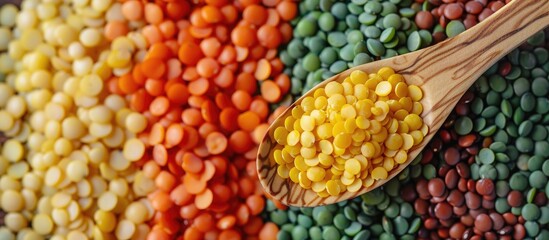 Poster - Yellow red and green lentils in a wooden spoon isolated on a white background providing copy space for your text Top view