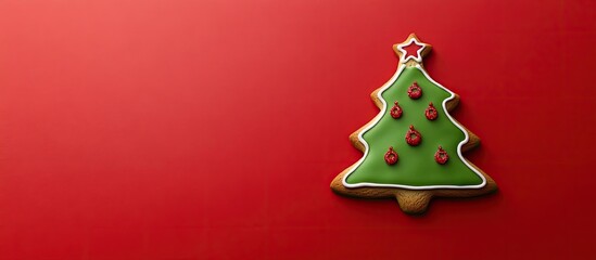 Aufkleber - Gingerbread cookie shaped like a green Christmas tree on a red background Classic Christmas treat Concept of Christmas and New Year celebrations Copyspace