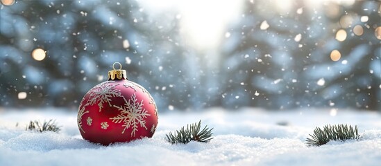 Poster - Christmas backdrop featuring a red and gold ornament fir tree in snow. with copy space image. Place for adding text or design