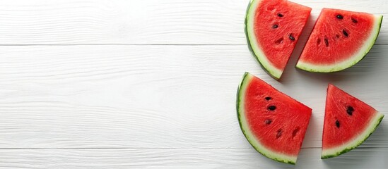 Fototapete - Watermelon Slices on a White Wooden Background. with copy space image. Place for adding text or design
