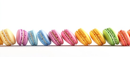 Fototapete - Colorful French macaroons set against a white background. with copy space image. Place for adding text or design