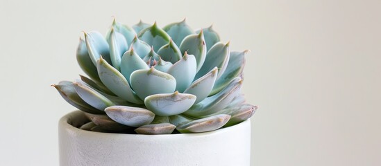 Wall Mural - Close up of the succulent plant Echeveria subsesilis variegata in a violet pot against a white background. with copy space image. Place for adding text or design