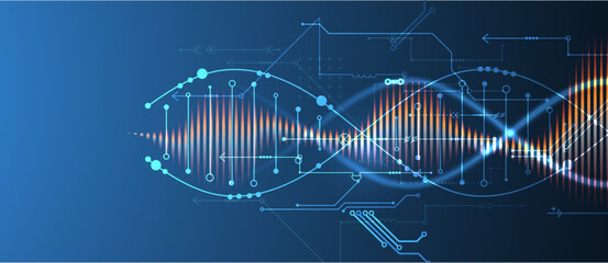 Fototapete - Scientific and technological background. Image of dna molecule with technological elements. Hand drawn vector.