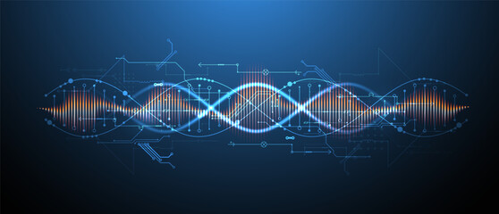 Aufkleber - Scientific and technological background. Image of dna molecule with technological elements. Hand drawn vector.