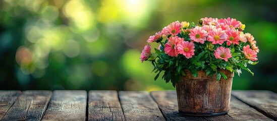 Poster - Beautiful artificial flowers blooming in a pot on an old wooden table in the park. with copy space image. Place for adding text or design