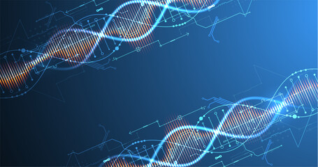 Aufkleber - Scientific and technological background. Image of dna molecule with technological elements. Hand drawn vector.