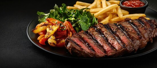 Poster - Sliced flank steak grilled medium rare over charcoal served with fries and salad. with copy space image. Place for adding text or design