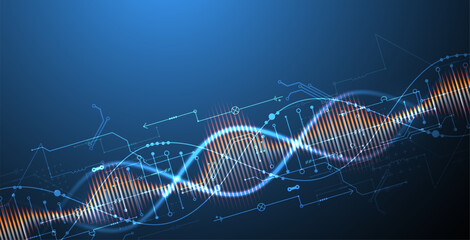 Aufkleber - Scientific and technological background. Image of dna molecule with technological elements. Hand drawn vector.