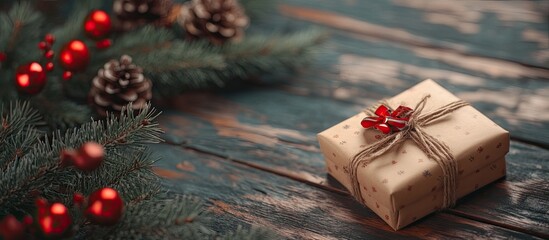Poster - Image of Christmas decorations featuring a small gift box on a wooden table with copy space in a vintage style