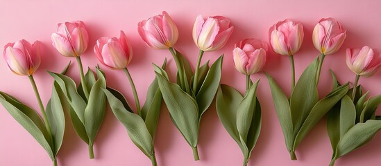 Poster - Pink tulips on a pink background Flat lay top view Copyspace