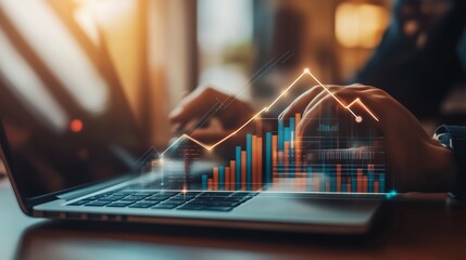 Poster - Analyzing financial data on a laptop with charts and graphs in a modern workspace during sunset