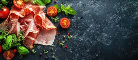Aufkleber - Jambon mix Ham Traditional dry cured dish from Italy and Spain featuring jamon Serrano and prosciutto crudo sliced with herbs and tomatoes on a dark stone background Copy space Closeup