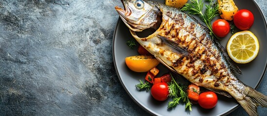 Fototapete - Delicious nutritious fish fillet accompanied by vegetables Dinner table featuring copyspace