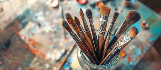 Poster - Top view close up of various paint brushes in a glass jar within a pottery studio. with copy space image. Place for adding text or design