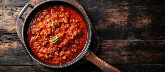 Leinwandbilder - Traditional Italian Bolognese sauce in a saucepan on an aged dark wooden background Top view copyspace
