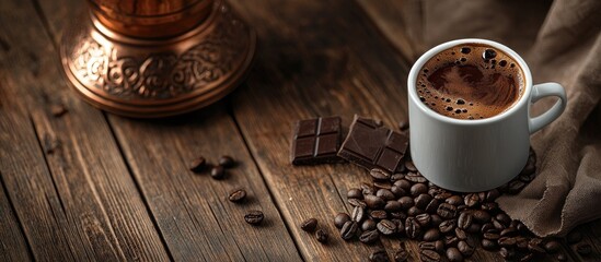 Sweet hot drink black Turkish coffee in a small white mug with spilled coffee beans on a wooden table accompanied by dark chocolate stripes and a copper Arab Cezve filled with coffee