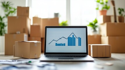 Poster - A laptop displaying a rising graph amidst cardboard boxes in a bright workspace filled with plants during the day