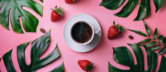Poster - Blank space for text coffee and palm leaves strawberry gift on a pink background Top view flat lay copyspace available