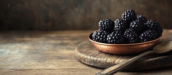 Aufkleber - Ripe blackberries in vintage copper dishes on aged wooden boards accompanied by a spoon against a dark background. with copy space image. Place for adding text or design