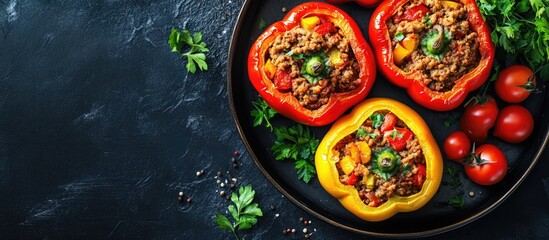 Fototapete - Stuffed pepper with minced meat vegetables and tomato sauce Copyspace Top view