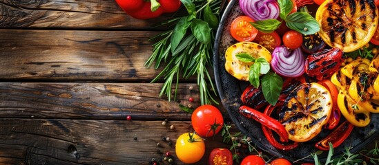 Poster - Grilled vegetables on a wooden platter Set against a wooden background Top view Copy space