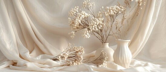 Poster - Decorations featuring dried beautiful flowers in a white vase set against a beige fabric background Home room decor. with copy space image. Place for adding text or design
